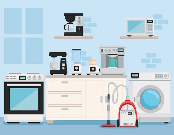 Electric kettle, toaster, vacuum cleaner,microwave, air purifier on an isolated background in a cartoon flat style, a set of household appliances for home