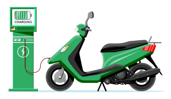 Electric Scooter and Charging Station Isolated. Green Modern Scooter Recharges Batteries. Motorbike and Charge Station with Screen. Eco City Transport Concept.