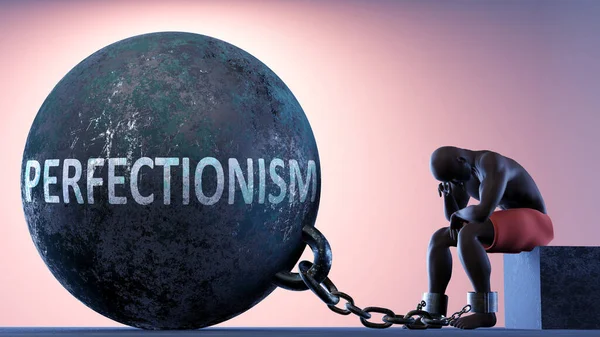 Perfectionism as a heavy weight in life - symbolized by a person in chains attached to a prisoner ball to show that Perfectionism can cause suffering