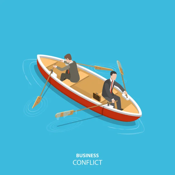 Two businessmen in are sitting the same boat try to move it in the different directions