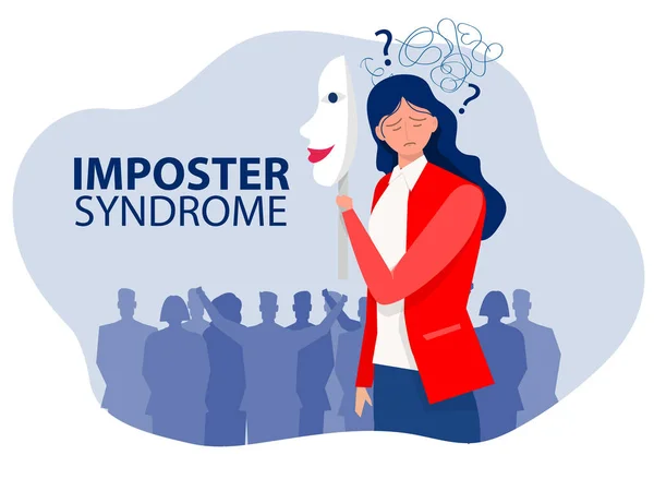 Imposter syndrome.woman holding a mask self confidence but Anxiety and lack of self confidence at work background; the person fakes is someone else concep