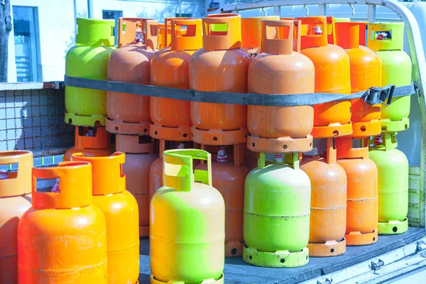 Propane or LPG cooking gas cylinders for household use on retail business display